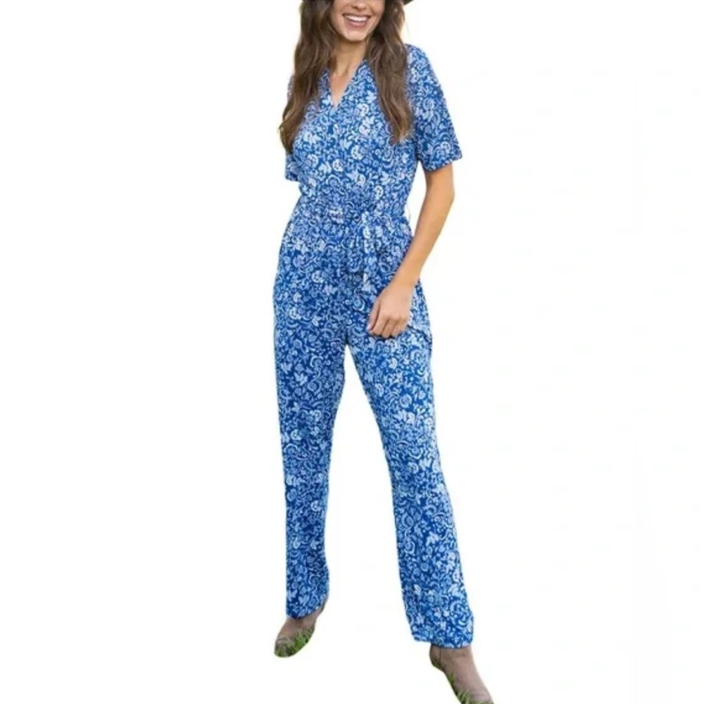 Cabana Life Aspen Short Sleeve Blue Floral Jumpsuit